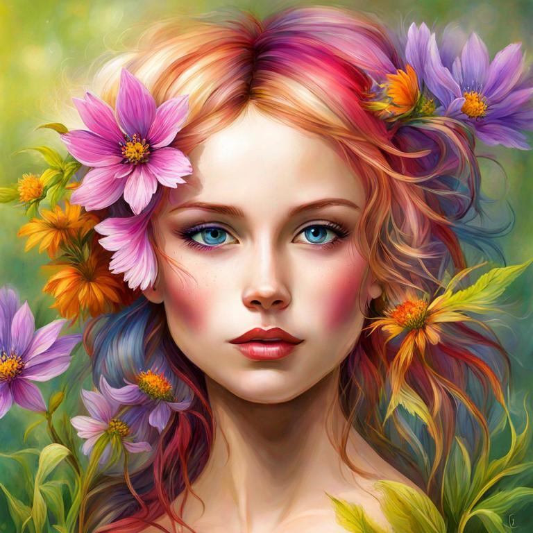 Prompt: a fairy of spring, ,wildflowers, vivid colors,  facial closeup