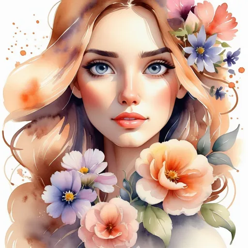 Prompt: a beautiful woman with pretty flowers ,watercolor