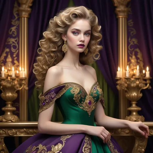 Prompt: A striking figure is gracefully posed against a sumptuous backdrop, showcasing a rich blend of deep purple and gold accents in the ornate decor. She wears an exquisite green gown adorned with intricate gold embroidery, its neckline framing her delicate collarbone, while her flowing hair cascades in defined curls, transitioning into vibrant purple hues. The lighting softly illuminates her porcelain complexion, accentuating her bright blue eyes and bold red lips, which exude elegance and confidence. A golden decorative piece stands nearby, adding to the opulent atmosphere of the scene, which radiates a sense of timeless glamour and sophistication.