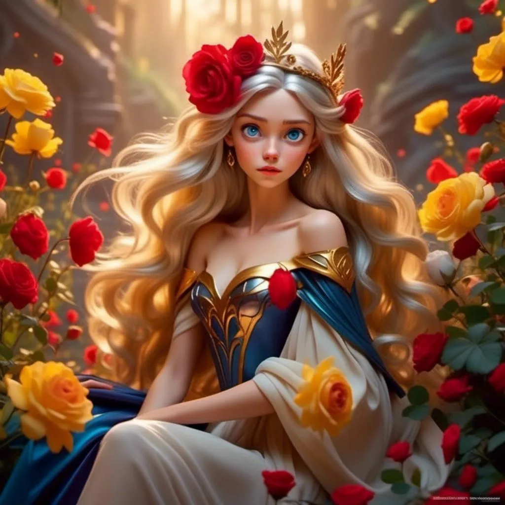 Prompt: <mymodel>Fairy tale, beautiful girl with white skin, (perfect face), light golden hair, blue pupils, red lips, forest style, mysterious, vintage fashion-dresses, with a transparent crystal crown on her head, the woman's body is so white Glows, (high detail) sitting on an oversized red rose, hyperdetail, ultra high definition.<mymodel>