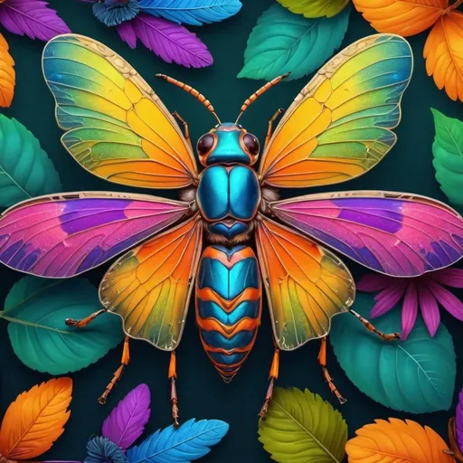 Prompt: Colorful insects in vibrant natural surroundings, digital illustration, intricate wings, vivid colors, macro details, high definition, digital art, vibrant color palette, detailed patterns, realistic, natural lighting