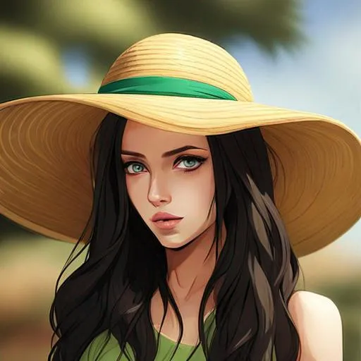 Prompt: Girl wearing a green straw hat, long dark hair, green eyes, facial closeup