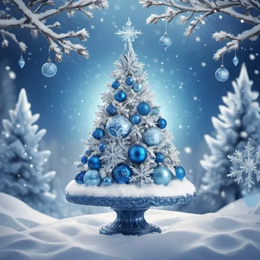 Prompt: Blue-themed Christmas tree, detailed ornaments, snowy background, winter wonderland, high quality, digital art, cool tones, festive atmosphere, sparkling lights, snowy landscape, holiday spirit, magical ambiance, frozen branches, enchanting glow, icy blue decor, best quality, highres, ultra-detailed, winter, snowy, holiday, cool tones, festive, magical, enchanting, sparkling lights, digital art, detailed ornaments, snowy background