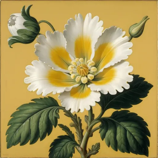 Prompt: a painting of a white flower with yellow center and green leaves on a yellow background with a yellow background, Ambrosius Bosschaert, rococo, artgem, a flemish Baroque