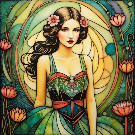 Prompt: Abstract encaustic texture, gradient inking colors, Jessica Galbreth, Irmgard Schoendorf Welch, Javier Mariscal, Charles Rennie Mackintosh, Lee Mullican style, a beautiful whimsical young woman, wonderland, decoupage.
