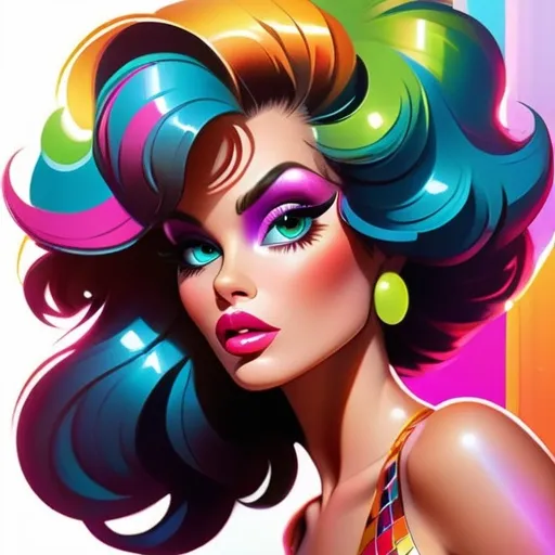 Prompt: Cartoon-style closeup of an 80s disco lady, vibrant and lively, glossy lips, bright eyeshadow, exaggerated lashes, retro hairstyle, disco ball reflection in eyes, neon colors, vibrant disco atmosphere, high quality, cartoon, 80s, disco, lively colors, retro, exaggerated features, glossy lips, bright eyeshadow, retro hairstyle, disco ball reflection, neon colors, vibrant atmosphere
