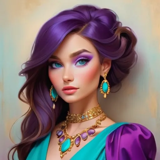 Prompt: Elegant lady in colors of purple, turquoise and gold