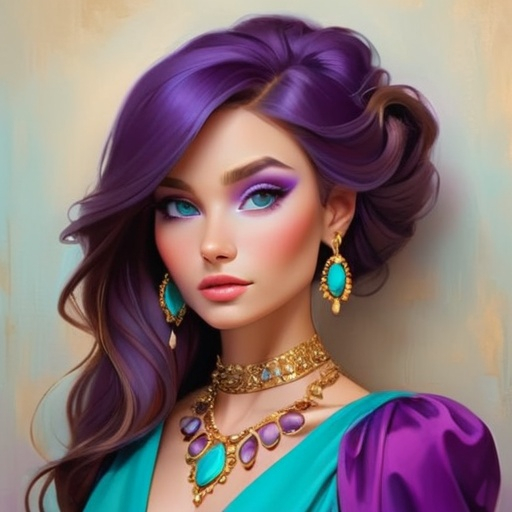 Prompt: Elegant lady in colors of purple, turquoise and gold