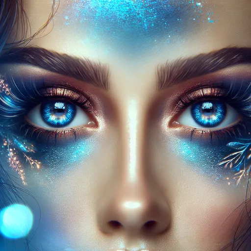 Prompt: (large captivating blue eyes), beautifully detailed eyeshadow, ethereal glow, enchanting gaze, (high contrast lighting), soft and dreamy background, vivid blues, serene atmosphere, (HD), highly expressive, intricate reflections in eyes, evoking emotions of wonder and fascination, artful composition, whispers of creativity and allure, uplifting vibes, mesmerizing allure of enchanting eyes.