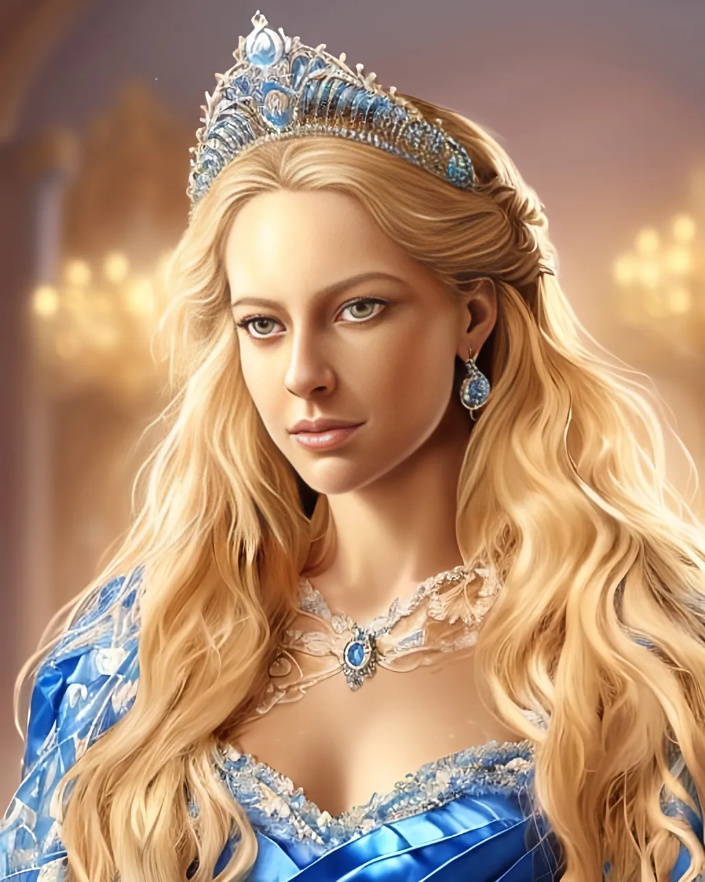 Prompt: High-quality, detailed portrait of a blonde princess with flowing blue dress and tiara, oil painting, elegant castle background, soft and warm lighting, detailed floral patterns, royal jewelry, realistic, oil painting, detailed eyes, flowing gown, tiara, elegant, royal, warm lighting, detailed portrait, blonde hair, castle background