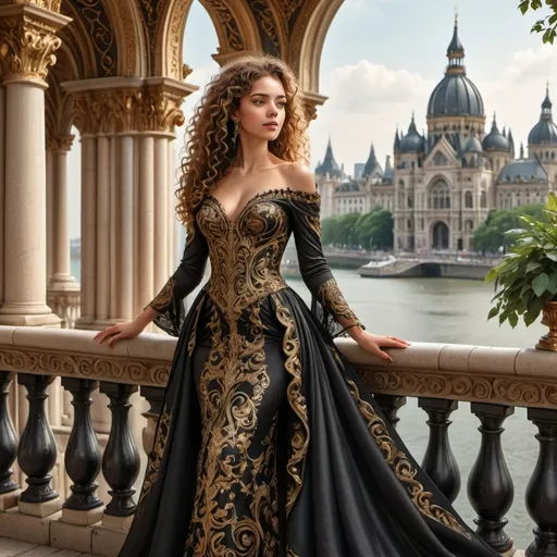 Prompt: Standing gracefully on an ornate balcony, a young woman with luxurious, curly hair gazes out over a stunning panorama. She is clad in an exquisite gown that melds black fabric with a flowing, golden skirt adorned with intricate designs, blending elegance and grandeur. The opulent architecture surrounding her features domed towers and lush greenery that frame a tranquil body of water below, reflecting the soft hues of a sunset sky. The scene conveys a sense of wistfulness and beauty, inviting the viewer to ponder the stories behind the luxurious setting and the poised figure. The warm lighting enhances the richness of the colors, creating a dreamy, fairy-tale atmosphere.