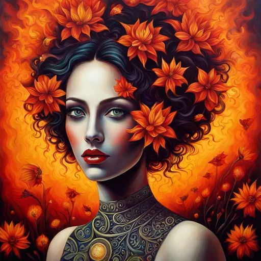 Prompt: Beautiful  hybrid woman with flowers sprouting from her, oil painting, detailed fiery eyes, ethereal glow, dark and mysterious, high quality, vibrant colors, surreal, haunting, intricate floral details, intense gaze, mystical atmosphere, oil painting, demon, hybrid, fiery eyes, ethereal, vibrant colors, surreal, haunting, floral details, intense gaze, mystical atmosphere