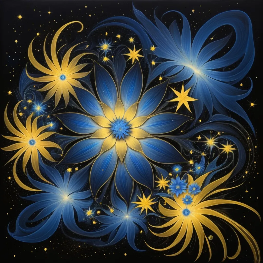 Prompt: a yellow with many stars in the background and a black background with a blue and yellow flower in the center, Amanda Sage, space art, fractals, an airbrush painting