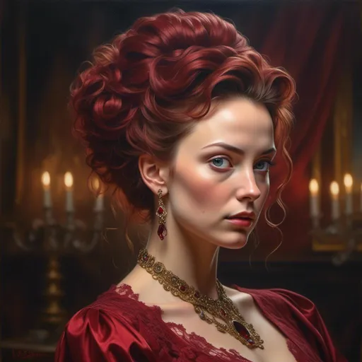 Prompt: <mymodel> Powerful Victorian woman with voluminous wine-red curly updo, elegant Victorian attire, detailed lace, regal posture, intricate jewelry, luxurious fabric, intense gaze, oil painting, high quality, Victorian era, regal, detailed hair, elegant, luxurious, intense gaze, detailed lace, oil painting, atmospheric lighting