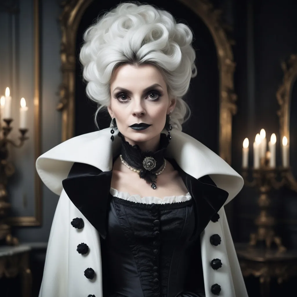 Prompt: a woman with a black dress and white coat on and a black and white hairdo and a black and white coat, Anna Maria Barbara Abesch, rococo, dark shadows, a character portrait