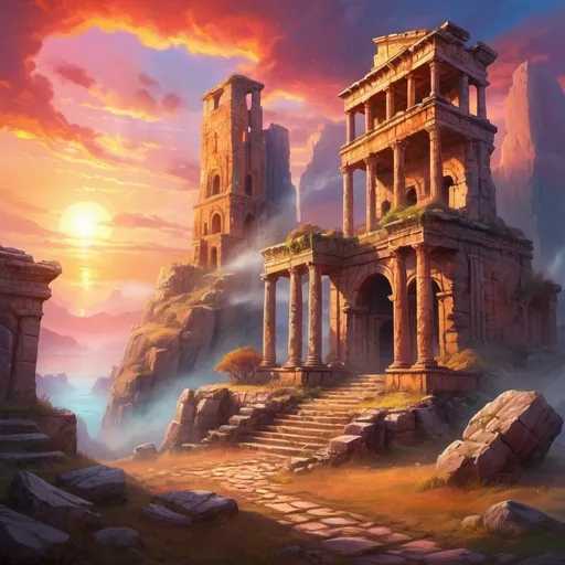 Prompt: Majestic fantasy landscape with ancient ruins, mystical glowing stones, swirling mist, epic sunset, digital painting, vibrant colors, dramatic lighting, detailed architecture, mythical atmosphere, high quality, mythical, ancient ruins, mystical stones, epic sunset, vibrant colors, swirling mist, detailed architecture, dramatic lighting, fantasy landscape, digital painting