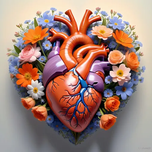 Prompt: An anatomical heart surrounded by simple little flowers blooming from the top, lighting, detailed heart parts, angelical, Delightful, Revelations, pastel mix, orange model mix, stable diffusion, pastel mix, oil painting, masterpiece, Dynamic range photo, UHD quality, true color, vivid display, Renaissance art, oil paint, HDR, 64K pixels, Super Amoled display, High Contrast