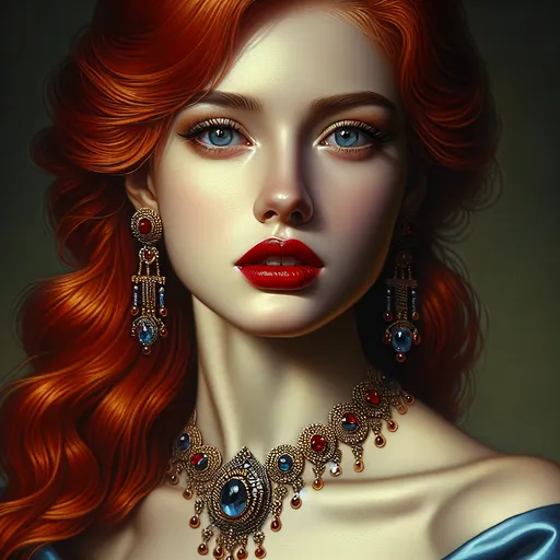 Prompt: a painting of a woman with  red hair, a necklace and earrings on her neck and a red lip and a blue dress, Arie Smit, photorealism, extremely detailed oil painting, a photorealistic painting