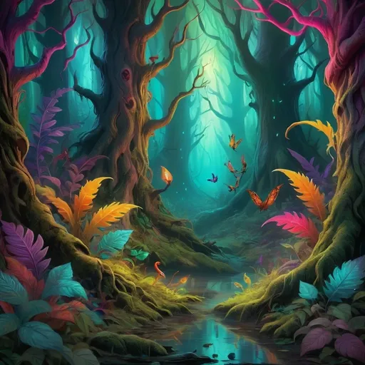 Prompt: Digital painting of a mystical forest, vibrant and surreal colors, magical creatures lurking in the shadows, high quality, detailed foliage, fantasy, surreal, vibrant colors, mystical atmosphere, enchanted lighting