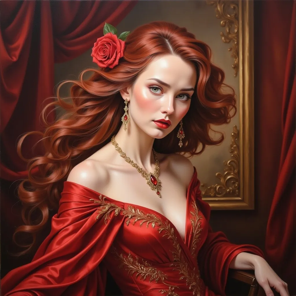 Prompt:  a woman with long red hair and a rose in her hair, Anna Dittmann, gothic art, pre - raphaelite, an oil painting