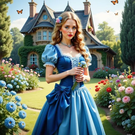 Prompt: Bathed in the warm glow of a sunny day, a young woman stands gracefully in a vibrant, flower-filled garden, exuding a sense of enchantment. Dressed in a stunning blue dress with puffed sleeves and delicate lacing, she holds a small bouquet of flowers, her long, wavy hair cascading over her shoulders, adorned with a floral accessory. Behind her, a charming cottage with a whimsical design sits amidst greenery, while colorful butterflies flit through the air, enhancing the idyllic atmosphere. The scene conveys a fairy-tale quality, where nature meets a gentle allure, inviting the viewer into a world of fantasy and tranquility. The soft, colorful palette and bright sunlight create a cheerful and uplifting mood, celebrating beauty and innocence.