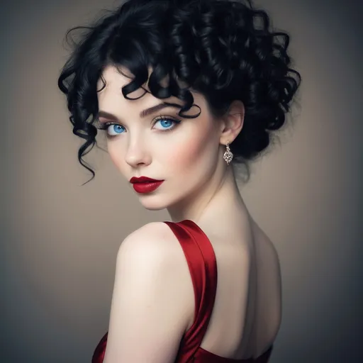 Prompt: An elegant and beautiful woman.  curly black hair, pale skin and blue eyes, red lips