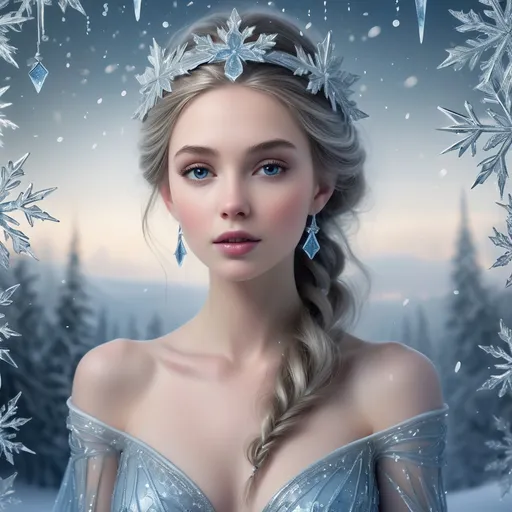 Prompt: Ice princess, enchanting and ethereal figure adorned in a shimmering gown of frosty blues and silvers, surrounded by delicate snowflakes and glistening icicles, radiating a quiet, serene beauty, set against a backdrop of a wintry landscape, soft and magical ambiance, capturing the essence of winter’s elegance, ultra-detailed, high definition.