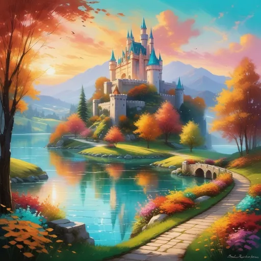 Prompt: Bathed in the warm glow of a sunset, a majestic castle rises amidst verdant hills, its towers capped with vibrant turquoise spires. Reflecting in the tranquil waters below, a large, ethereal visage of a woman seamlessly merges with the castle, her features radiant and serene, adding a mystical quality to the scene. Lush gardens brimming with colorful flowers frame a winding pathway that leads toward the inviting water, while trees painted in autumn hues stand as guardians of this enchanting realm. The overall atmosphere is one of magical beauty and harmony, inviting viewers into a fairy-tale landscape where nature and fantasy intertwine.