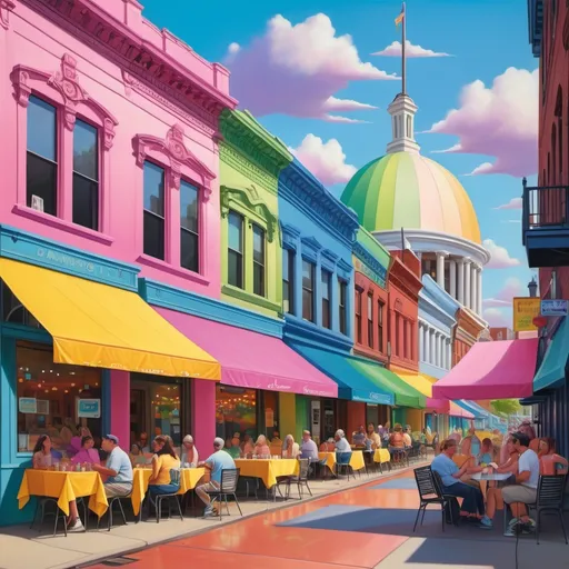 Prompt: Beneath a radiant sky adorned with vibrant rainbows, a charming street scene bursts with color, featuring buildings painted in shades of pink, blue, yellow, and green. The inviting storefronts, each draped with bright awnings, reflect a playful atmosphere, while sidewalks teem with people engaged in relaxed conversation, some seated at outdoor tables. Dominating the background is a grand dome topped with a striking golden hue, exuding an air of elegance against the whimsical palette of the neighborhood. The wet pavement glistens in the sunlight, enhancing the overall cheerfulness of this lively urban landscape, perfect for leisurely strolls and social gatherings. The composition blends a sense of community with an enchanting visual spectacle, creating a delightful narrative of everyday life in a colorful world.