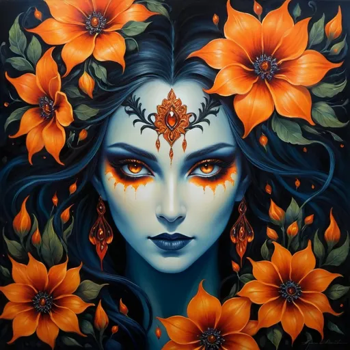 Prompt: Beautiful demon hybrid with orange flowers, oil painting, detailed fiery eyes, ethereal glow, dark and mysterious, high quality, vibrant colors, surreal, haunting, intricate floral details, intense gaze, mystical atmosphere, oil painting, demon, hybrid, fiery eyes, ethereal, vibrant colors, surreal, haunting, floral details, intense gaze, mystical atmosphere