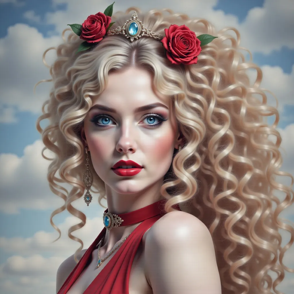 Prompt: a painting of a woman with long blonde hair and a red dress on a cloudy day with a sky background, Anne Stokes, fantasy art, highly detailed digital painting, a character portrait