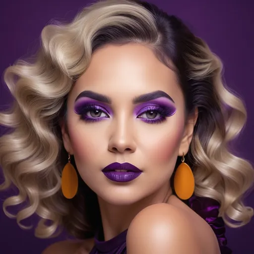 Prompt: With a striking and glamorous presence, a woman exudes confidence in front of a solid purple backdrop that enhances her captivating look. Her luxurious black and purple curls frame her face beautifully, complementing the bold, dramatic eye makeup featuring shades of deep purple that extend to her lashes, and a rich plum lipstick that accentuates her full lips. She wears a sleek halter neck top in a vibrant shade of purple, detailed with a contrasting white collar that adds a touch of sophistication. The scene is impeccably styled with a focus on high fashion and elegance, creating a mood that is both striking and artistic, channeling a sense of fierce confidence and allure.