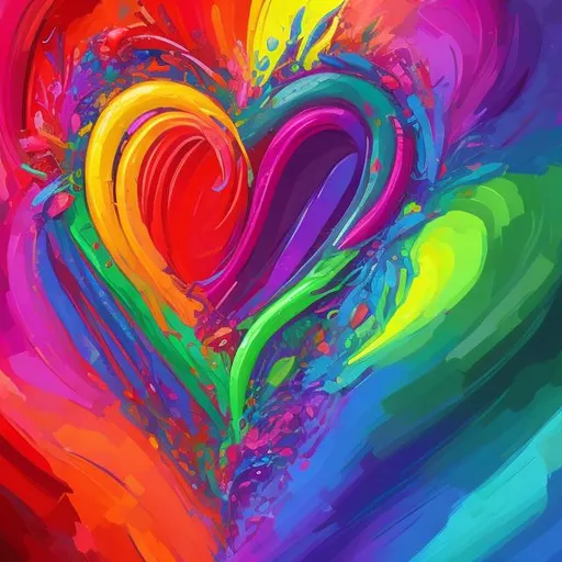 Prompt: Vibrant rainbow heart illustration, digital painting, swirling colors, high quality, detailed brushwork, bright and colorful, whimsical style, rainbow colors, professional, vibrant lighting