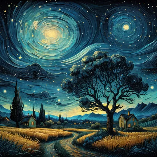 Prompt: a  landscape with a night sky background and stars in the sky,  Van Gogh sky, Dan Mumford, post-impressionism, stars, a detailed painting