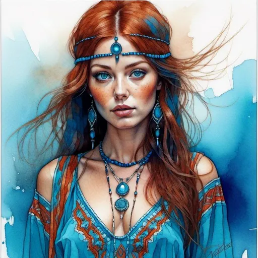 Prompt: <mymodel>Watercolor and pen sketch of a young woman in southwestern style, turquoise jewelry, flowing attire, intricate details, vibrant colors, high quality, southwest art, watercolor, pen sketch, detailed jewelry, flowing attire, vibrant colors, beautiful woman, high quality imagery, professional, atmospheric lighting