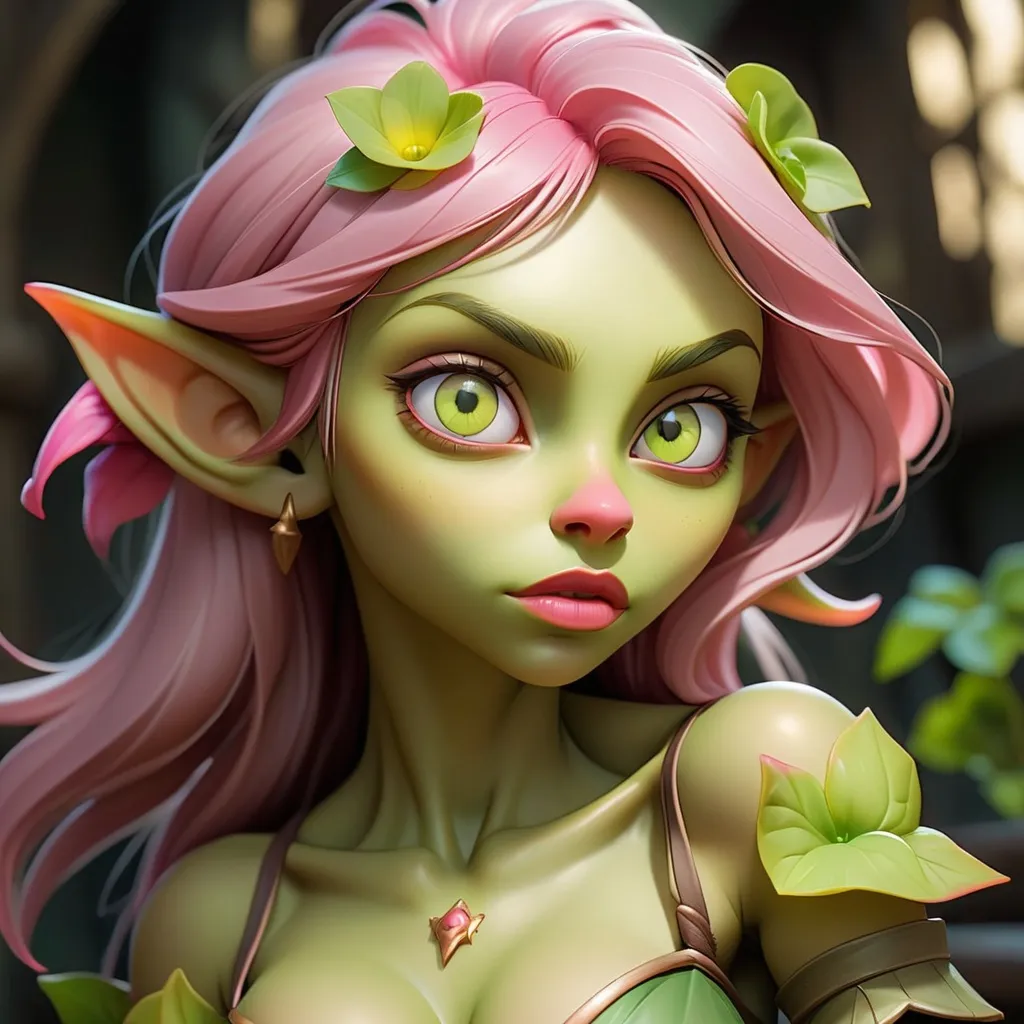 Prompt: beautiful goblin girl, showing clevage, pink Areolae, light pink nose, yellow eyes, green skin, smooth skin, supple lips, soft skin, very young