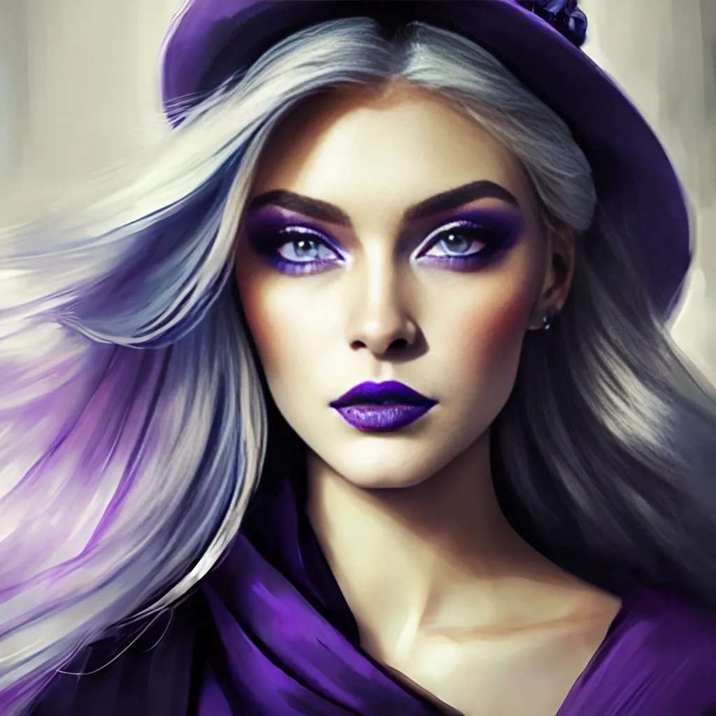 Prompt: <mymodel>Beautiful ethereal woman, long blonde hair,and icy blue eyes color, purple lipstick, facial closeup