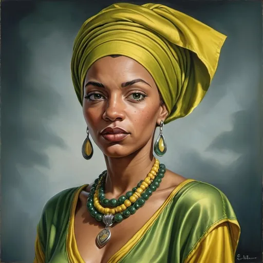 Prompt: a woman with a green dress and a yellow head scarf on her head and a necklace on her neck, Ernie Barnes, photorealism, highly detailed digital painting, a photorealistic painting