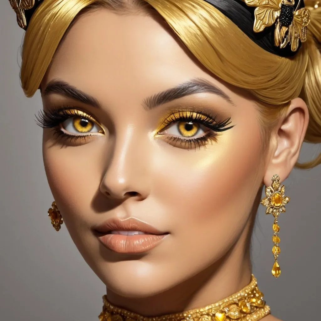 Prompt: <mymodel>Queen bee-A beautiful woman with golden hair arrainged in a top knot behind a gold tiara. Amber colored eyes, gown in colors of yellow and black, facial closeup