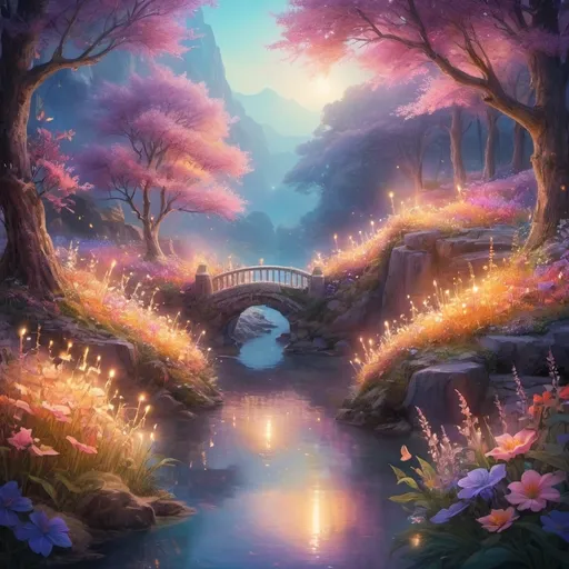 Prompt: (ethereal glow), luminous light radiating, soft illumination, vivid colors, warm ambient tones, magical atmosphere, serene background, enchanting landscapes, high detail, ultra-detailed, vibrant, dreamlike scenery, shimmering reflections, calming hues, captivating visual experience