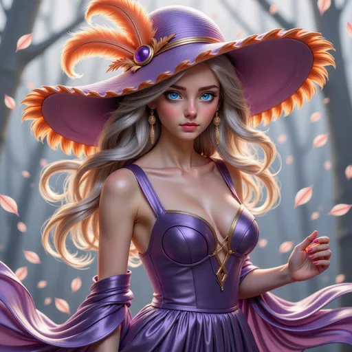 Prompt: <mymodel> a woman in a purple dress and purple hat with orange feathers on her head and a purple hat with orange feathers on her head, Edwin Georgi, fantasy art, highly detailed digital painting, a detailed painting