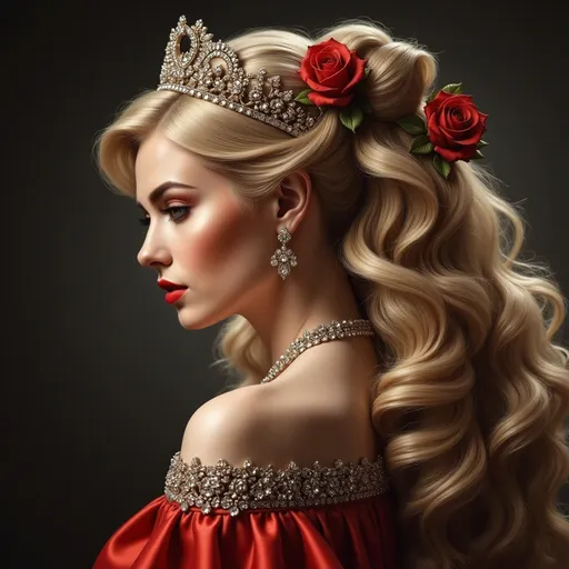 Prompt: a painting of the side view of a woman with long blonde hair wearing a tiara and a red dress with a diamond necklace, Edwin Georgi, figurative art, highly detailed digital painting, a photorealistic painting