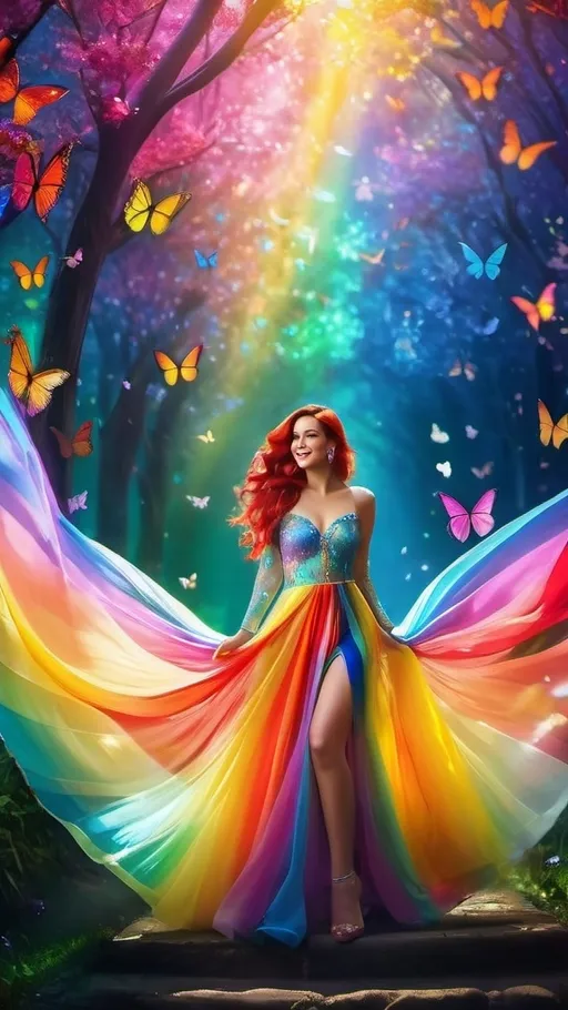 Prompt: <mymodel> (rainbow lady), vibrant colors, flowing multicolored hair, whimsical attire accentuated with geometric patterns, ethereal background with swirling hues, uplifting atmosphere, enchanting smile, surrounded by luminous butterflies, sparkling light effusions, magical feel, (4K), ultra-detailed, captivating composition, cheerful mood, reminiscent of a fairytale.