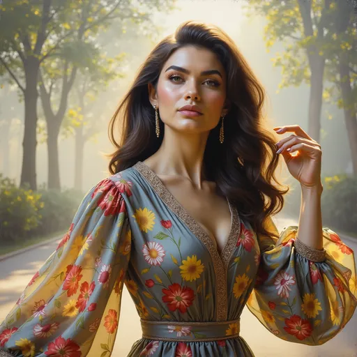 Prompt: >Realistic oil painting of a powerful, confident woman, elegant floral dress, natural beauty, warm and vibrant color palette, soft sunlight filtering through trees, high quality, detailed brushwork, realistic, elegant, vibrant colors, floral dress, confident expression, atmospheric lighting