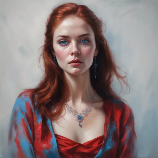 Prompt: Facial closeup of a lady in red, auburn hair, piercing blue eyes, highres, detailed, oil painting, vibrant colors, intense gaze, elegant, dramatic lighting