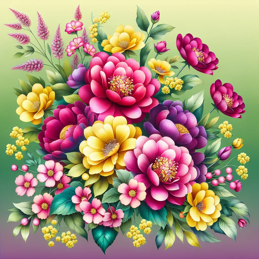 Prompt: A magenta and yellow flower arrangement