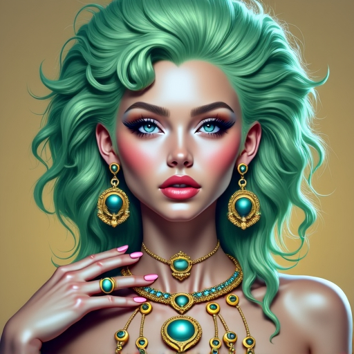 Prompt: a woman with green hair wearing a necklace and earrings with turquoise eyeshadow and gold jewelry set on her face, Artgerm, fantasy art, highly detailed digital painting, a photorealistic painting