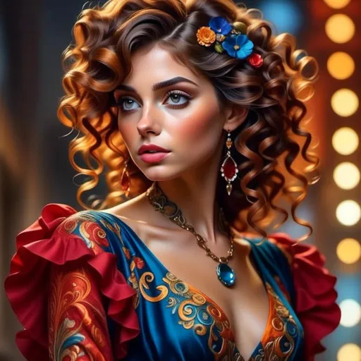 Prompt: <mymodel> digital painting, dramatic colourful makeup, high fashion, intense gaze, realistic portrayal, vibrant colors, detailed features, highres, professional, dramatic, realistic, digital painting, intense gaze, vibrant colors, detailed features, high fashion, glamorous lighting