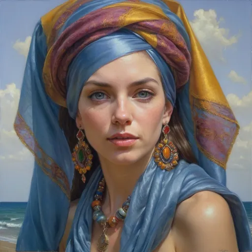 Prompt: <mymodel> a woman with a colorful scarf and earrings on her head and a necklace on her neck and a necklace on her neck, Donato Giancola, figurative art, extremely detailed oil painting, a photorealistic painting