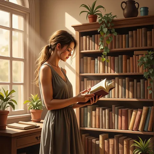 Prompt: A young woman stands thoughtfully in a sunlit room, absorbed in a book she holds delicately in her hands. With soft, flowing hair and dressed in a simple, elegant dress, she exudes an air of calm and contemplation. Behind her, a tall wooden bookshelf brims with neatly arranged volumes, their spines showcasing a muted palette of browns and greens. The sunlight streaming through a nearby window casts a warm glow, illuminating both the books and the woman, creating a serene, inviting atmosphere. This scene captures a moment steeped in tranquility, where literature and reflection meld seamlessly.